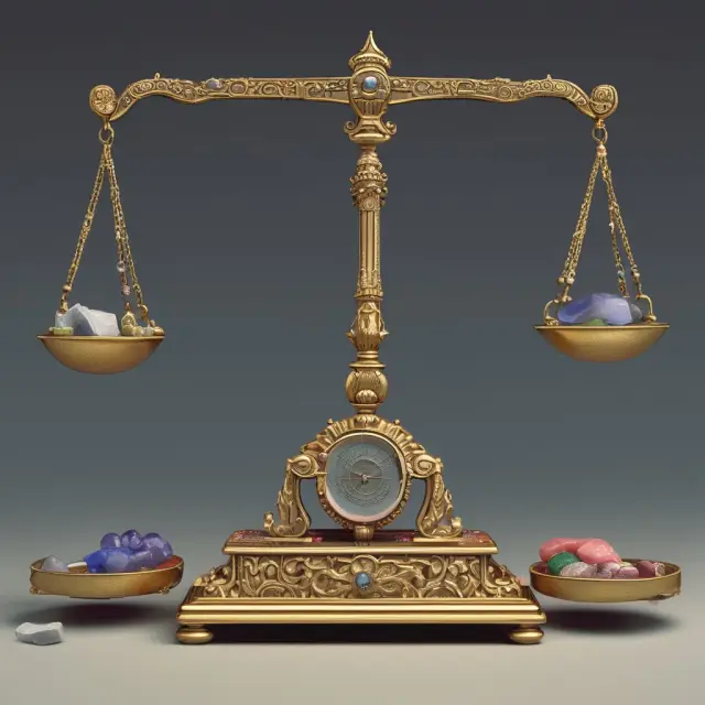 Scale displaying various gemstones on one side and their corresponding troy ounces on the other