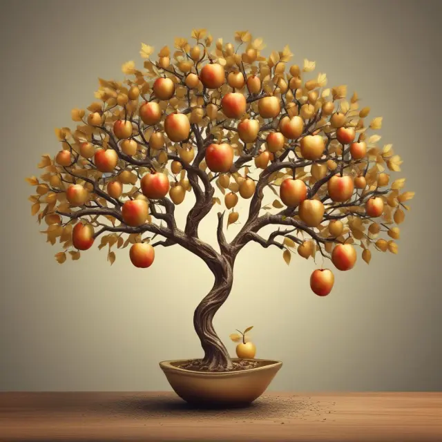 A golden apple tree yielding salary fruits, with its roots representing pension factors, illustrating retirement benefits calculation