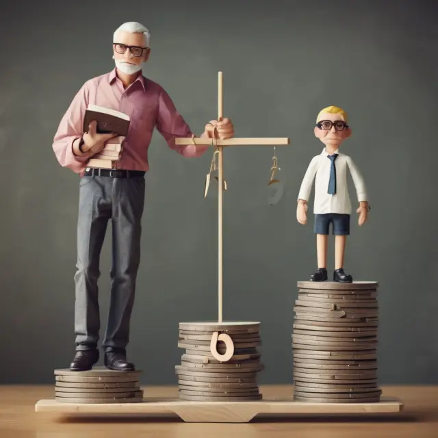 A teacher holding a TRS pension scale and adding 403(b) plan weights for a financially balanced retirement