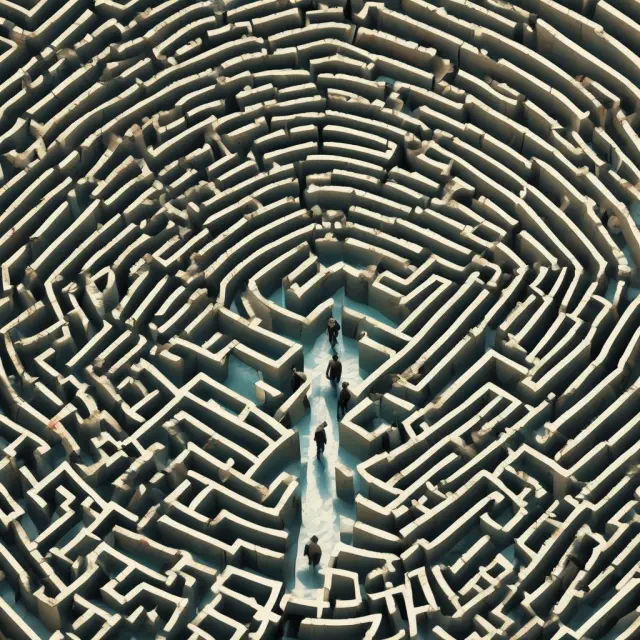 Institutional investors exploring a vast, complex maze representing trust funds, seeking asset protection, estate planning, tax optimization, and long-term growth.