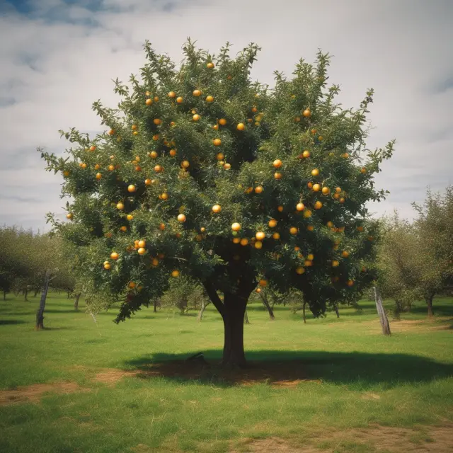 A shielded tree bearing golden apples grows in a tranquil, tax-exempt orchard. Trust property offers tax savings, asset protection, and efficient transfer of assets.