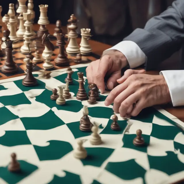 Trustee managing trust assets like puzzle pieces on a chessboard while signing tax forms