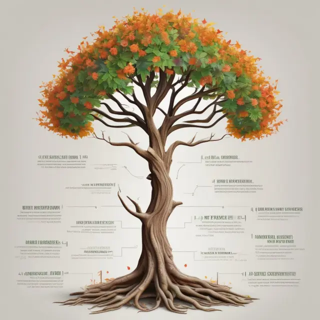 An ancient tree with interchangeable leaves symbolizing the advantages (green) and disadvantages (red) of trusts in wealth management