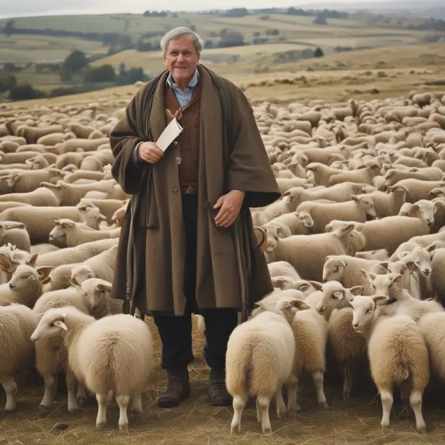 A shepherd in a landscaped garden, with various assets symbolizing trust funds, skillfully managing a 