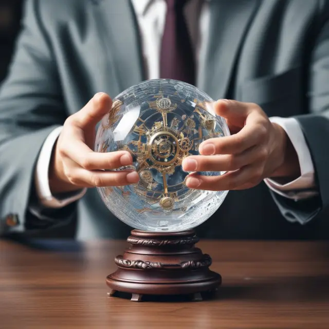 Trustee holding a crystal ball containing interlocked gears, symbolizing the protection and transparency of trust indentures in bond investments