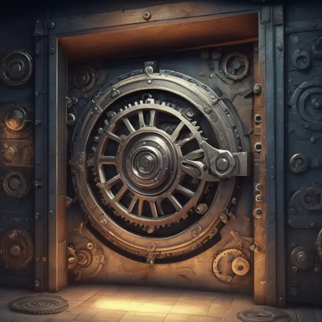 Bank vault filled with gold coins, secured by gears and cogs representing trust receipt transactions