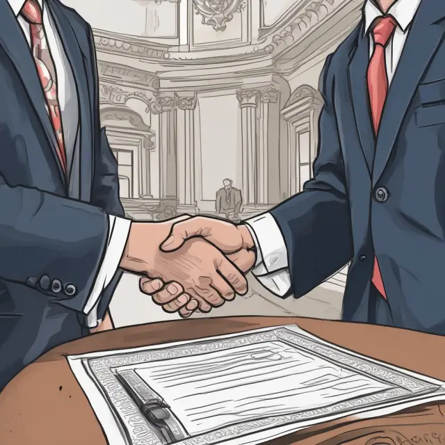 Businessman shakes hands with banker on a trust receipt agreement, with invoice and documents displayed
