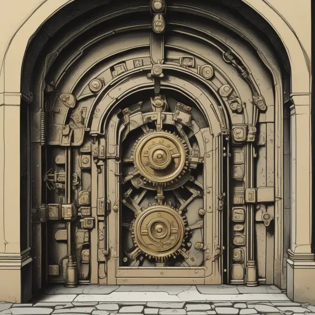 Golden vault with gears turning, symbolizing trust receipt complexities, featuring maturity dates, interest rates, and banks