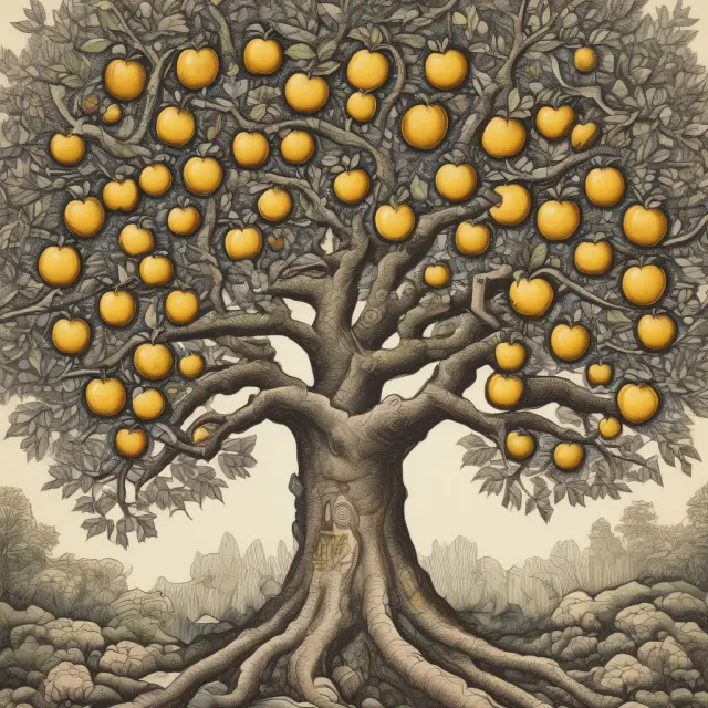 A garden filled with trust companies symbolized as golden apples on a tree, illustrating the process of choosing the right one for your needs.