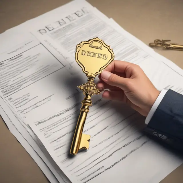 A trustee holds a golden key connecting a borrower and lender atop a property deed, representing the relationship in a trust deed agreement