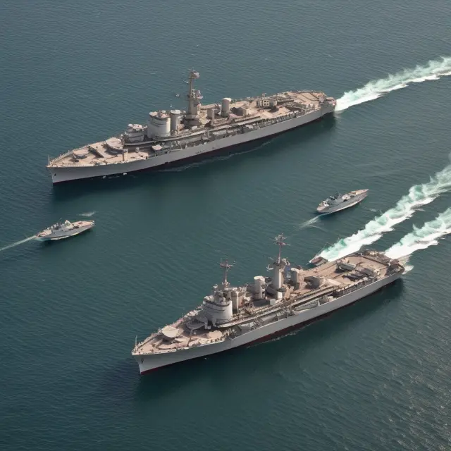 Two battleships symbolizing trust deeds and mortgages anchored in a sea. One ship undergoes a court trial for judicial foreclosure, while the other sails through non-judicial proceedings.