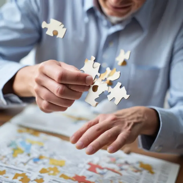 Trustee holding a three-piece jigsaw puzzle: mortgage, title deed, and trust deed, symbolizing the intricacy of real estate financing.