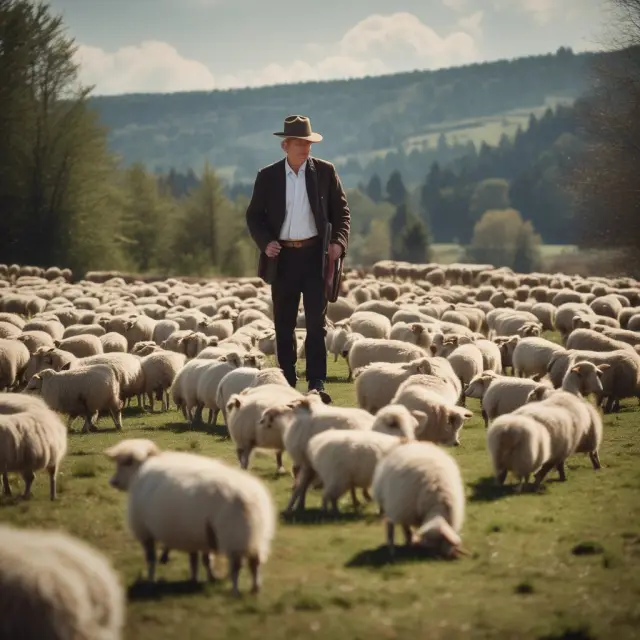 A shepherd standing before a flock of sheep on lush pastureland, symbolizing a trustee