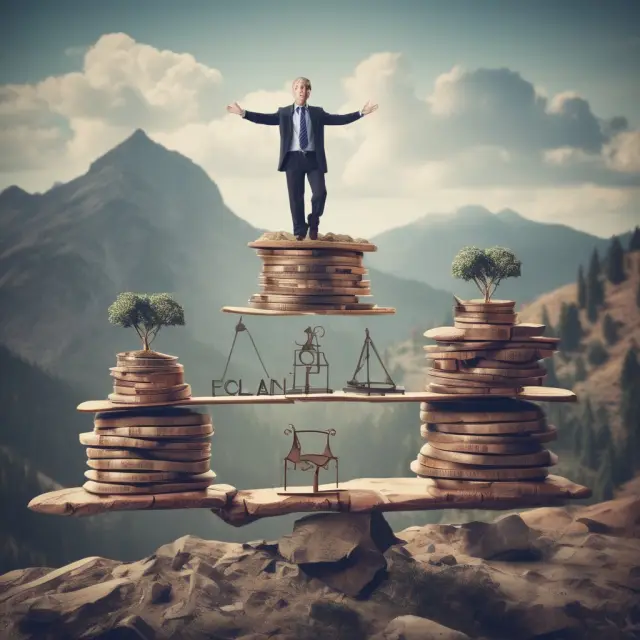 Trustee in thoughtful consideration atop an asset mountain, illustrating various payment structures: percentage, hourly rate, annual fee, and performance-based.