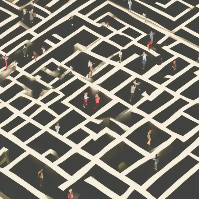 Trustee skillfully maneuvering through a complex labyrinth, symbolizing the challenges of managing conflicts of interest, tax issues, and beneficiary relationships.