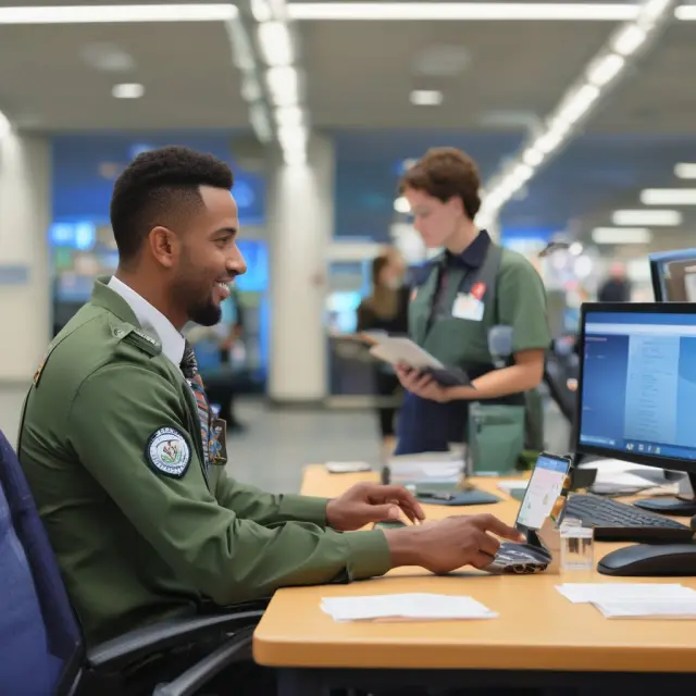 An online wave interacting with an in-person interviewer at a TSA PreCheck enrollment center, symbolizing the streamlined application process