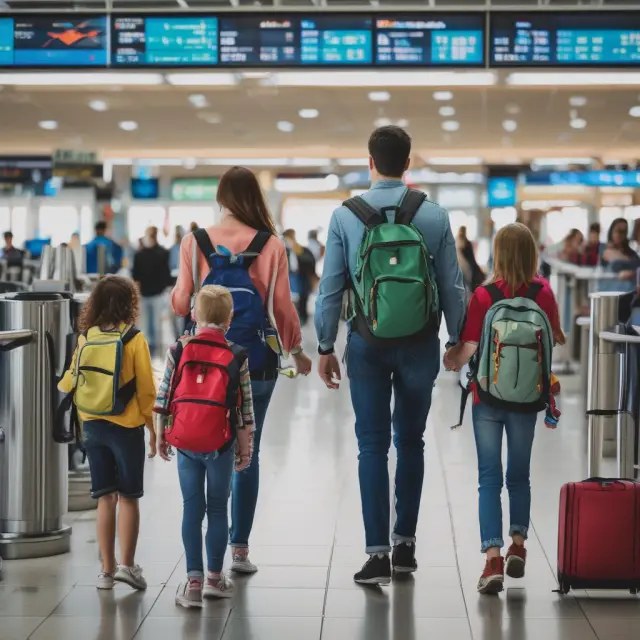 Family traveling through a TSA PreCheck lane with two adults and two children