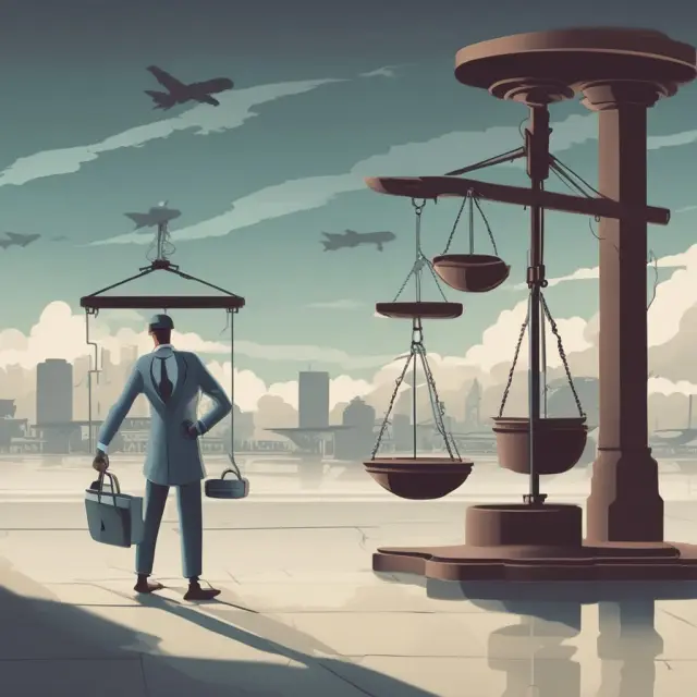 An airport balance scale tilts towards TSA PreCheck signs, while a dark shadow looms over the other side, symbolizing concerns about security vulnerabilities