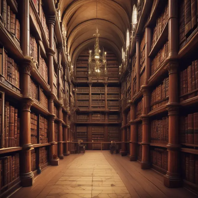 An expansive library filled with scrolls and books illustrating True Strength Index indicators for institutional trading