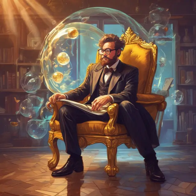 An investor seated on a golden chair with dividend streams surrounding him, focusing on TSR calculation using a crystal ball