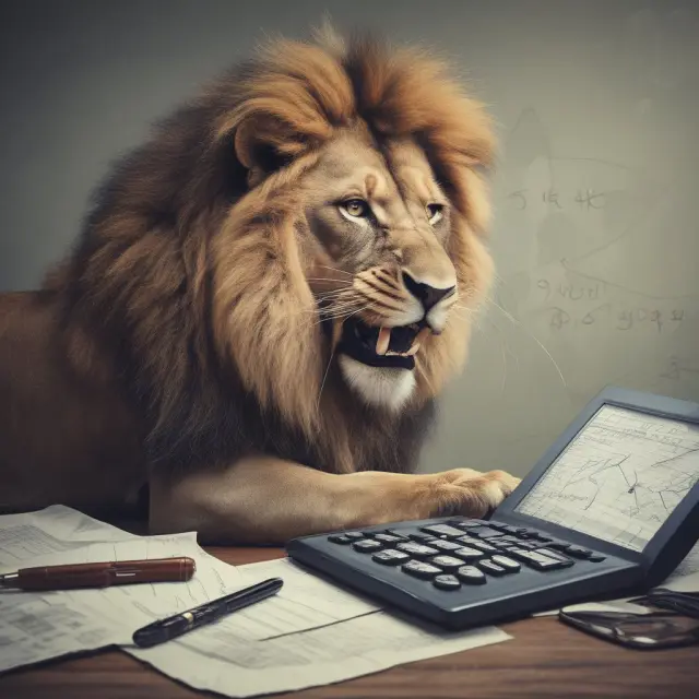 Institutional investor, represented by a majestic lion, uses a calculator to evaluate TSR while an individual investor, symbolized as a mouse, studies financial data