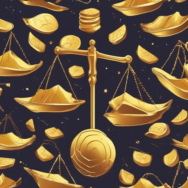 Golden scales balance twelve months of earnings, with a market price determining the ratio in the background
