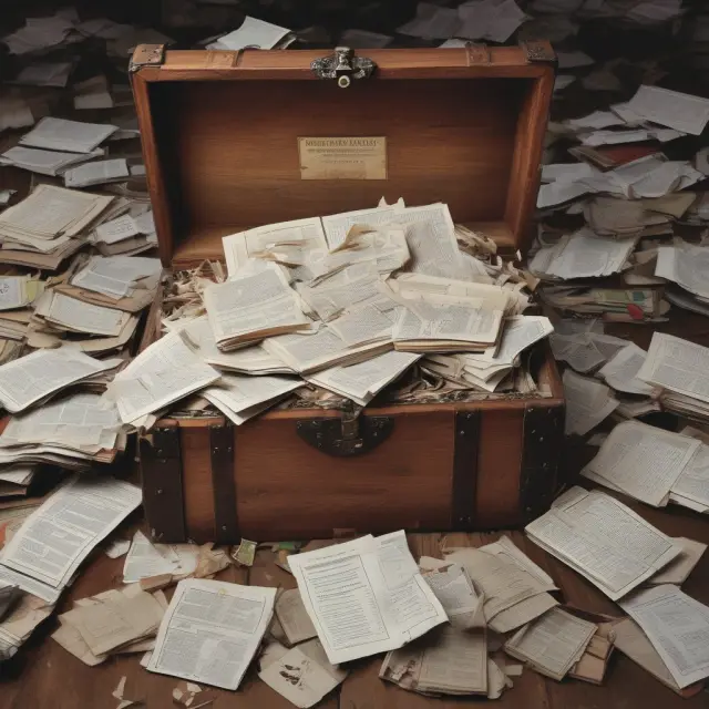 Image of a large, ornate treasure chest bursting open, revealing stacks of financial reports and documents along with data streams symbolizing financial websites