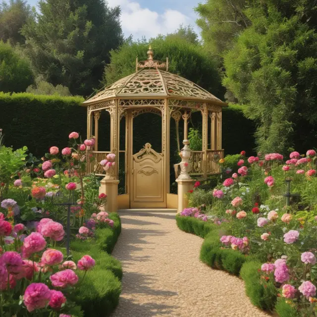 A lush garden with golden keys unlocking various turnkey properties, symbolizing low-risk investments and passive income generation
