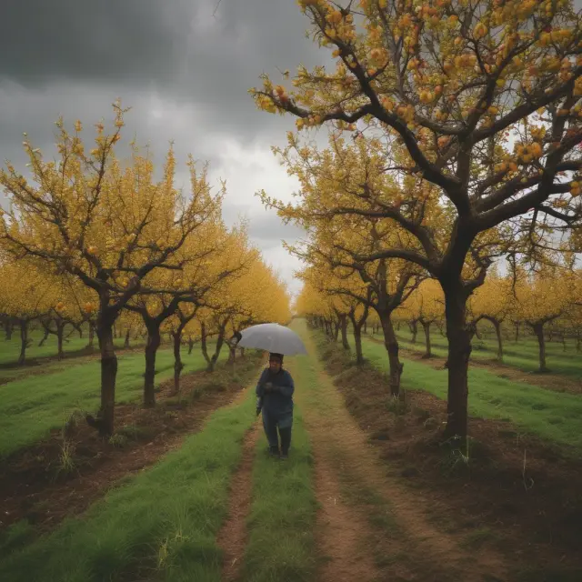 A gardener tends to a flourishing orchard of turnkey properties, symbolizing successful investment management during market challenges