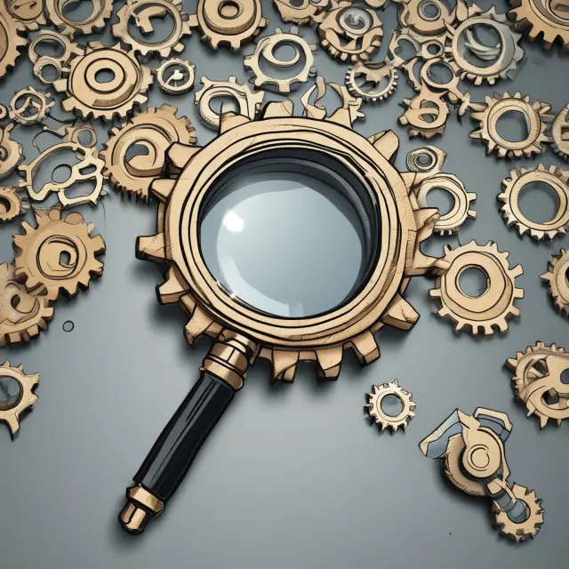 Magnifying glass examining gear cogs, emphasizing careful assessment before implementing a turnkey solution