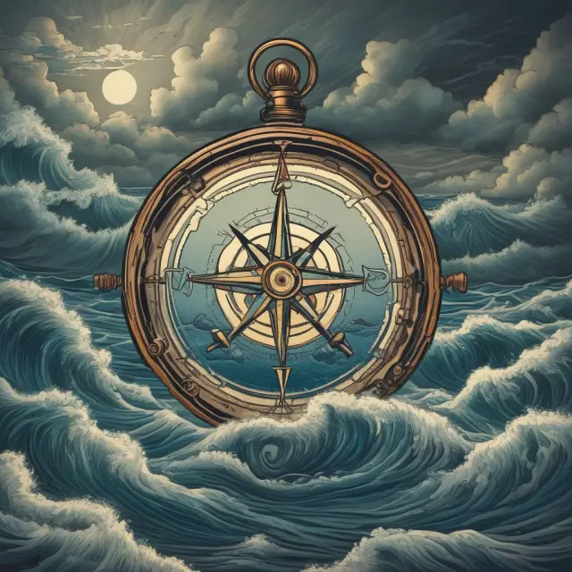 A compass pointing to the optimal turnkey solution provider amidst turbulent waters, symbolizing the process of finding a reliable partner for business growth.