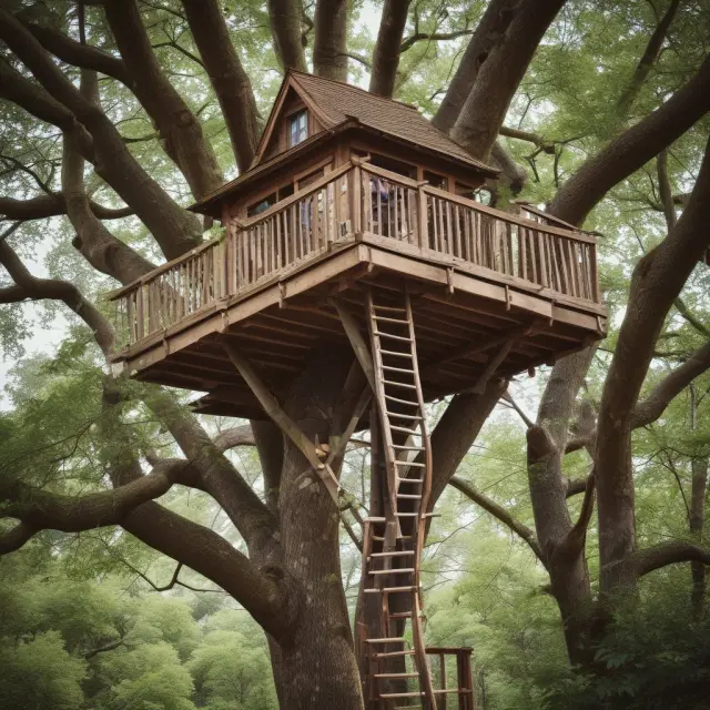 An entrepreneur scaling a treehouse filled with multi-level marketing opportunities for growth and income