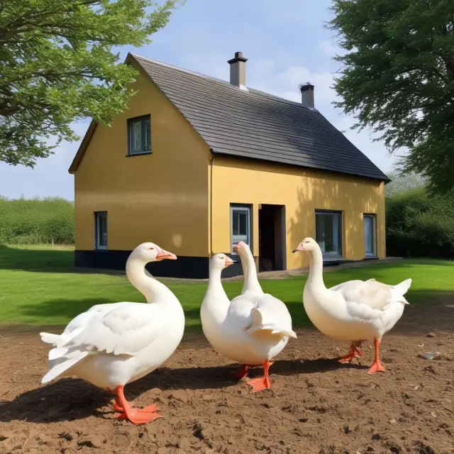 A renovated property, symbolizing a turnkey investment, morphs into a golden goose atop a serene countryside farm, emphasizing passive income generation