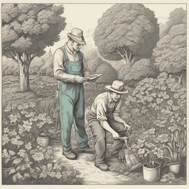 Gardener nurturing various plants symbolizing financial turnover ratios: accounts receivable, inventory, portfolio, and asset.