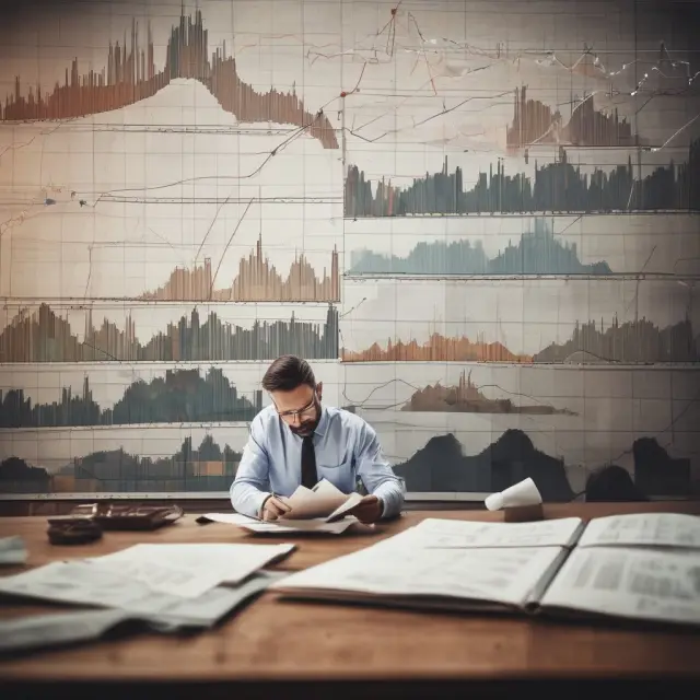An investor scrutinizing various graphs depicting mutual fund turnover ratios, with SEO keywords: Mutual Fund Turnover Ratio, Investor, Mosaic, Graphs, Statistics