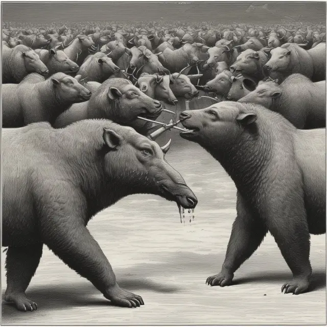 Bulls and bears engage in a tug-of-war over a price chart, illustrating tweezer patterns as indicators of market reversals
