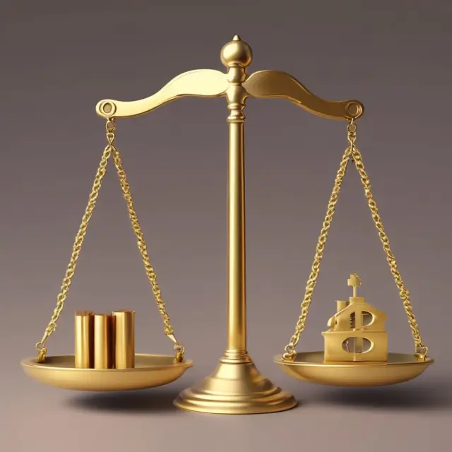 Golden scales with two pans represent the 28% housing expenses and 36% total debt payments in a balanced debt-to-income ratio.
