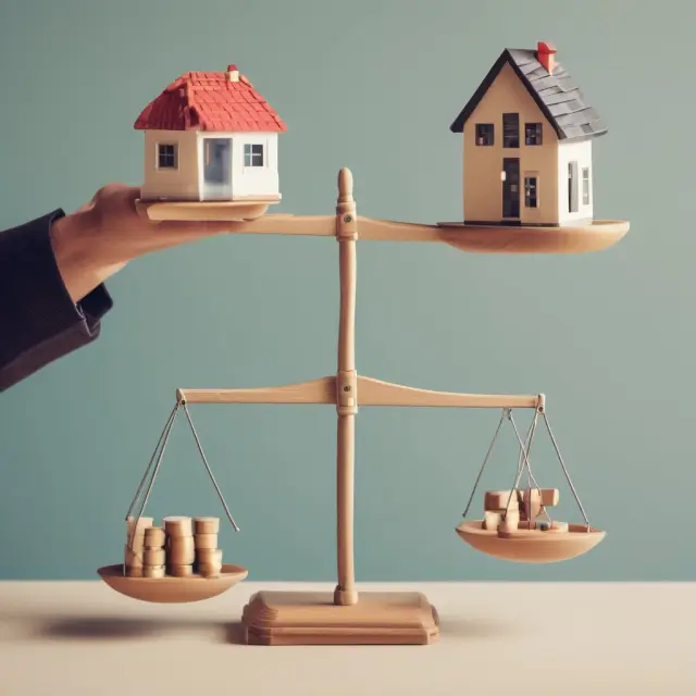 Person in front of a balance scale with a house symbol on one side and debt symbols on the other, maintaining equal weight in accordance with the 28/36 rule.