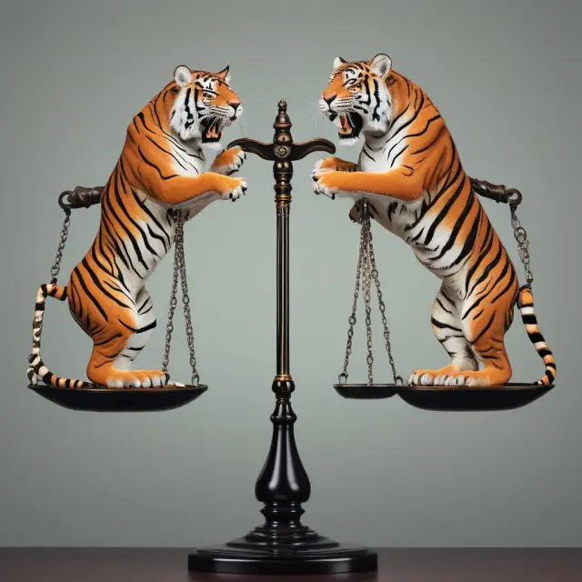 A two-headed tiger poised over a balance scale, with one paw representing Broker X and the other Broker Y, symbolizing a statistical analysis of their brokerage fees using a two-tailed test.