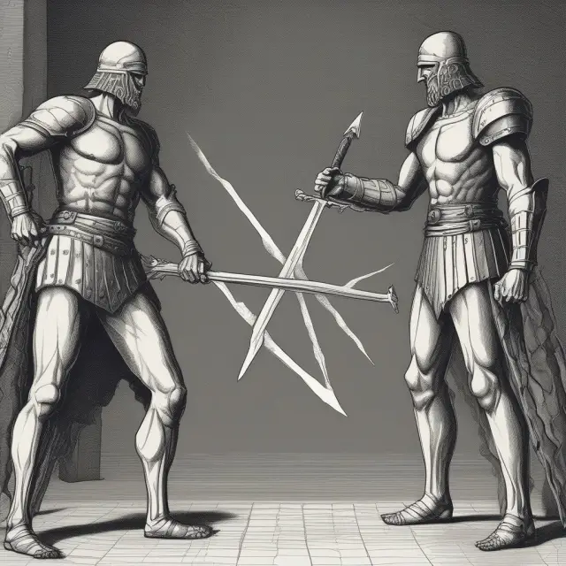 A dual-sword wielding warrior symbolizes two-tailed tests, used to determine significant differences between sample and population mean in finance.