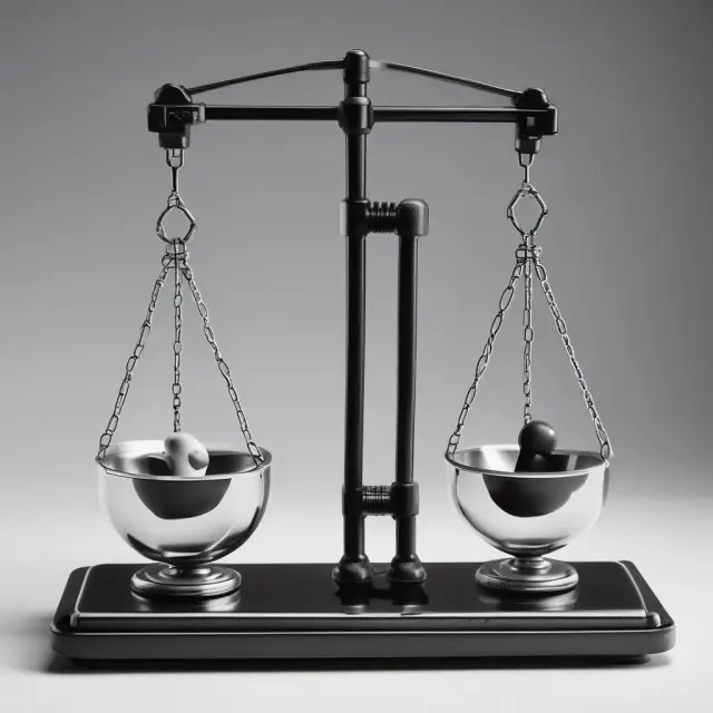 Two balances with scales representing independent variables and a third scale for dependent variable interacting at their connection