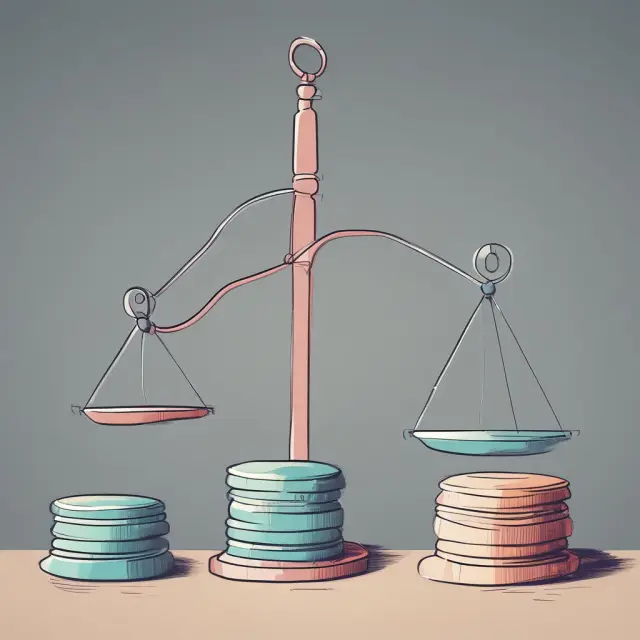 A balanced scale with two weights labeled 