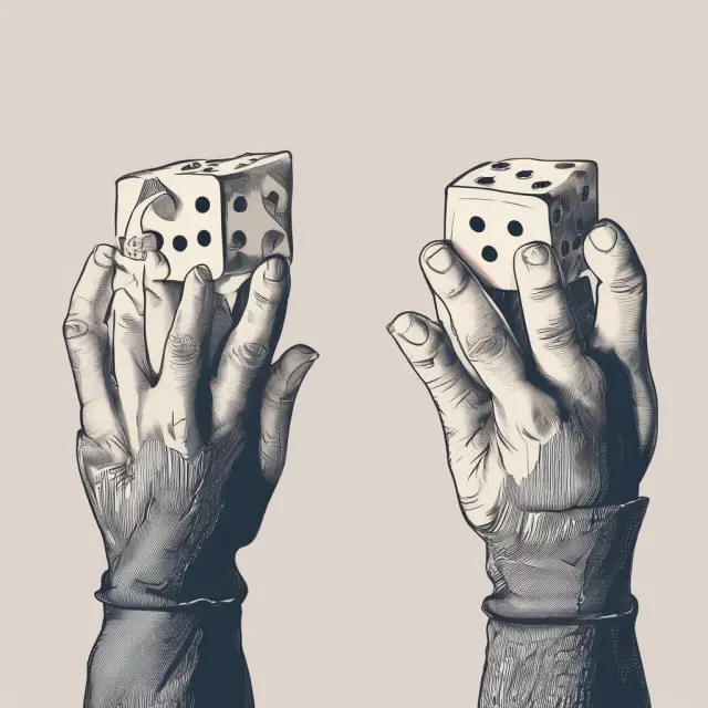 An image of two hands each holding a dice - one hand represents management fee (2%), and the other represents performance fee (20%)