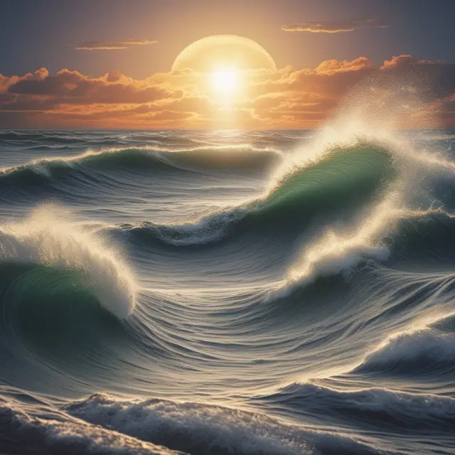 Visualization of high watermark policy in hedge funds: waves symbolizing past performance (NAV), the sun representing new gains, and the moon as the high watermark