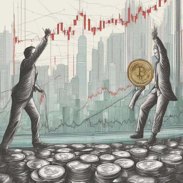 A coin tossing between financial charts and data streams, symbolizing the risk of type II errors in finance: missed opportunities due to insufficient evidence