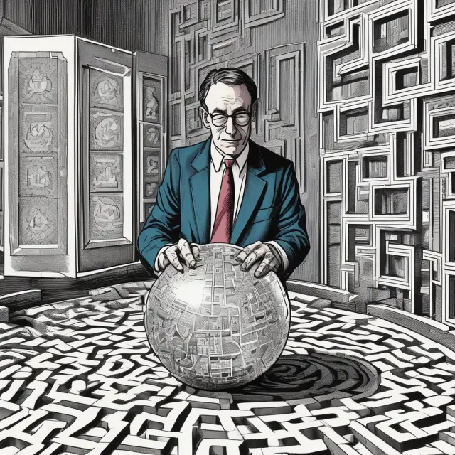 An institutional investor examines a crystal ball filled with financial data, discovering type II errors as they navigate through a labyrinthine maze of charts and graphs