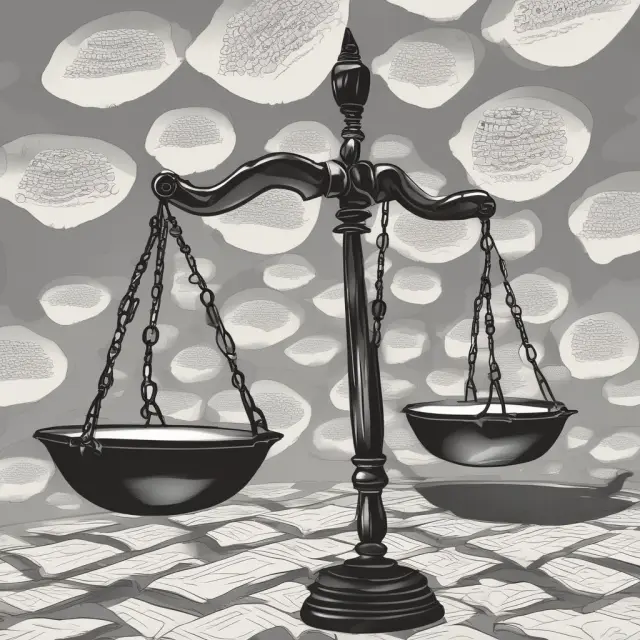 Scales balanced on a table, one side labeled 