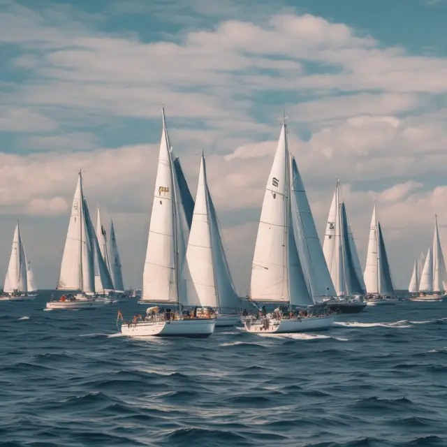 A sailing regatta representing tZero, navigating new markets with strategic partnerships and acquisitions, all under the guidance of regulatory oversight on a vast blockchain sea