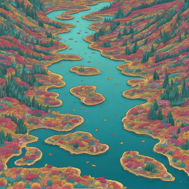 River representing U-shaped recovery with pockets of vibrant flowers growing amidst long stagnant waters, emphasizing the slow but gradual return to growth