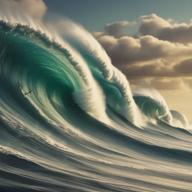 Monstrous waves relentlessly battering economic charts symbolizing the challenges and prolonged struggle during a U-shaped recovery